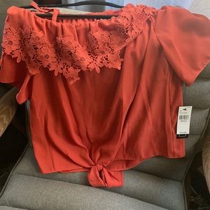 Orange off the shoulder sheer top